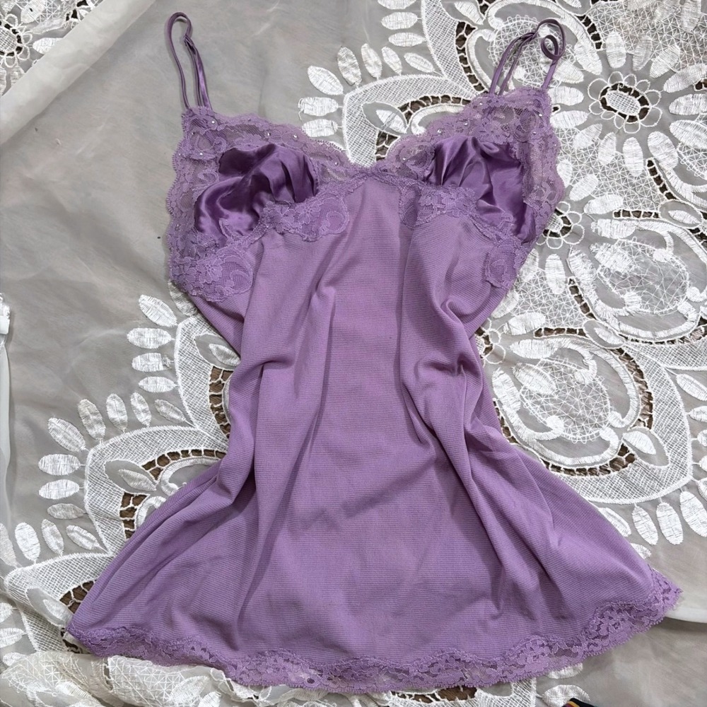 Y2K 2004 Fairy Victoria Secret Vintage Lace Trim Rhinestone Slip Dress Purple S